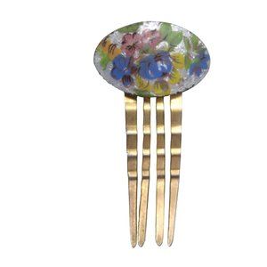 Guilloche Enamel Flower Hair Fork Comb Bun Holder Brass Vintage 2 Inch Clip